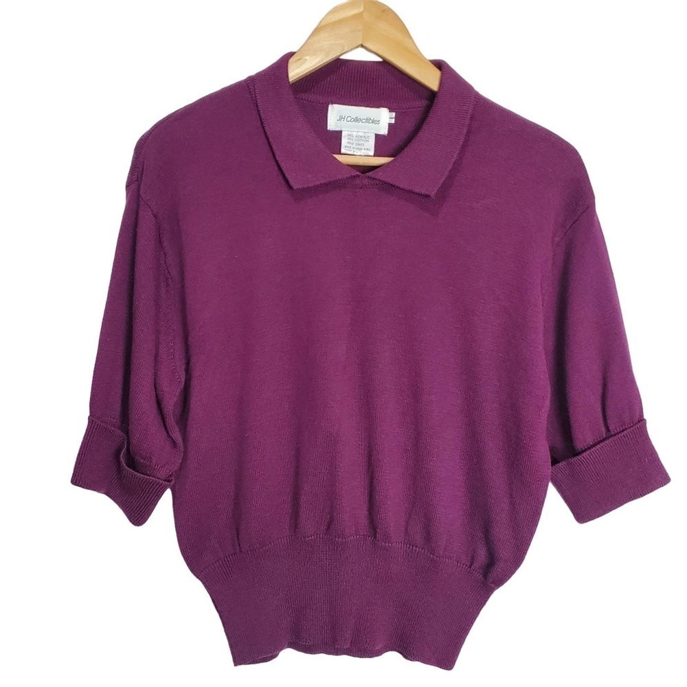 JH Collectibles Blouse Womens Large Vintage 90s Purple Collared 3/4 Sleeve Top